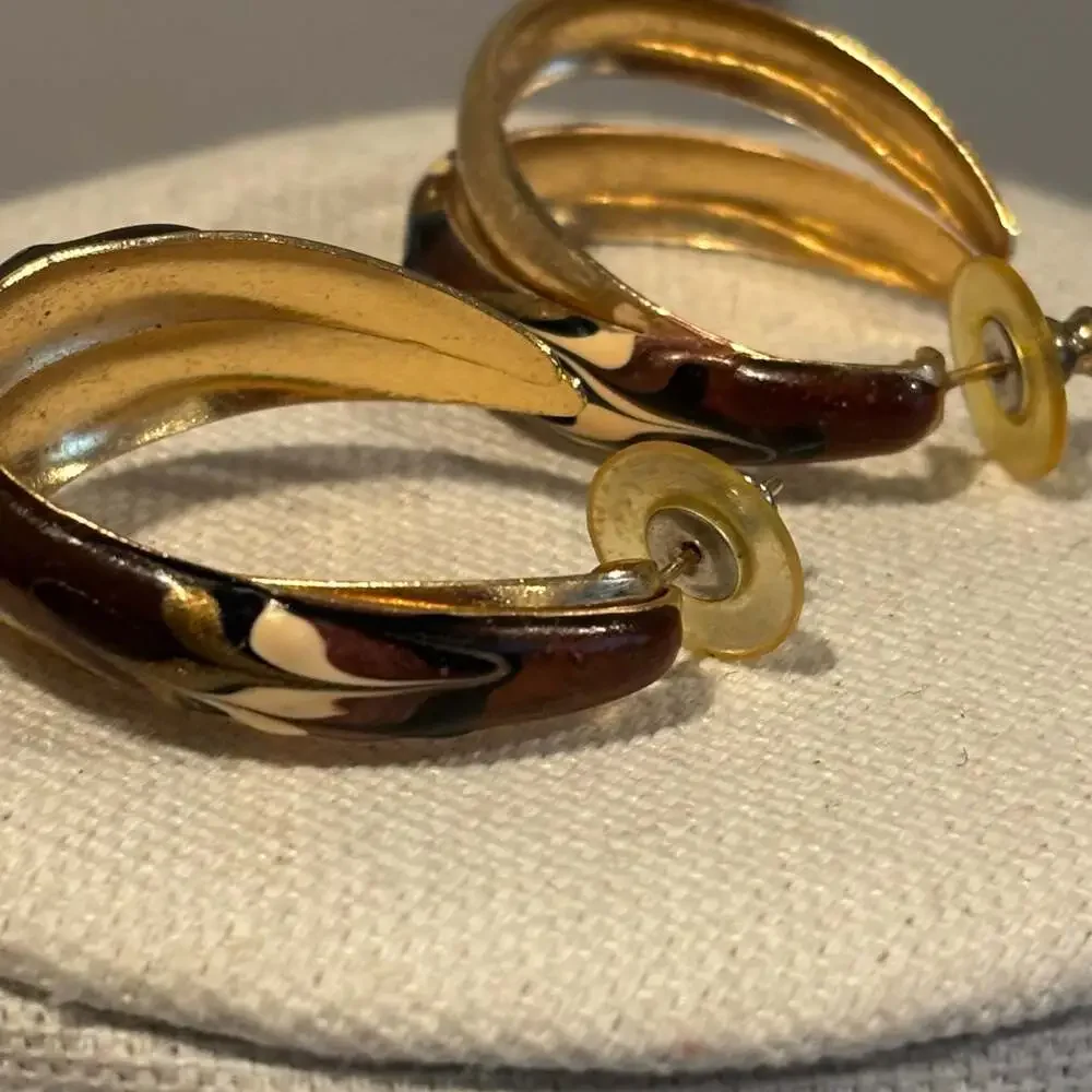 Vintage Gold Tone Earthy Colored Enamel Double Loop Half Hoop Pierced Earrings
